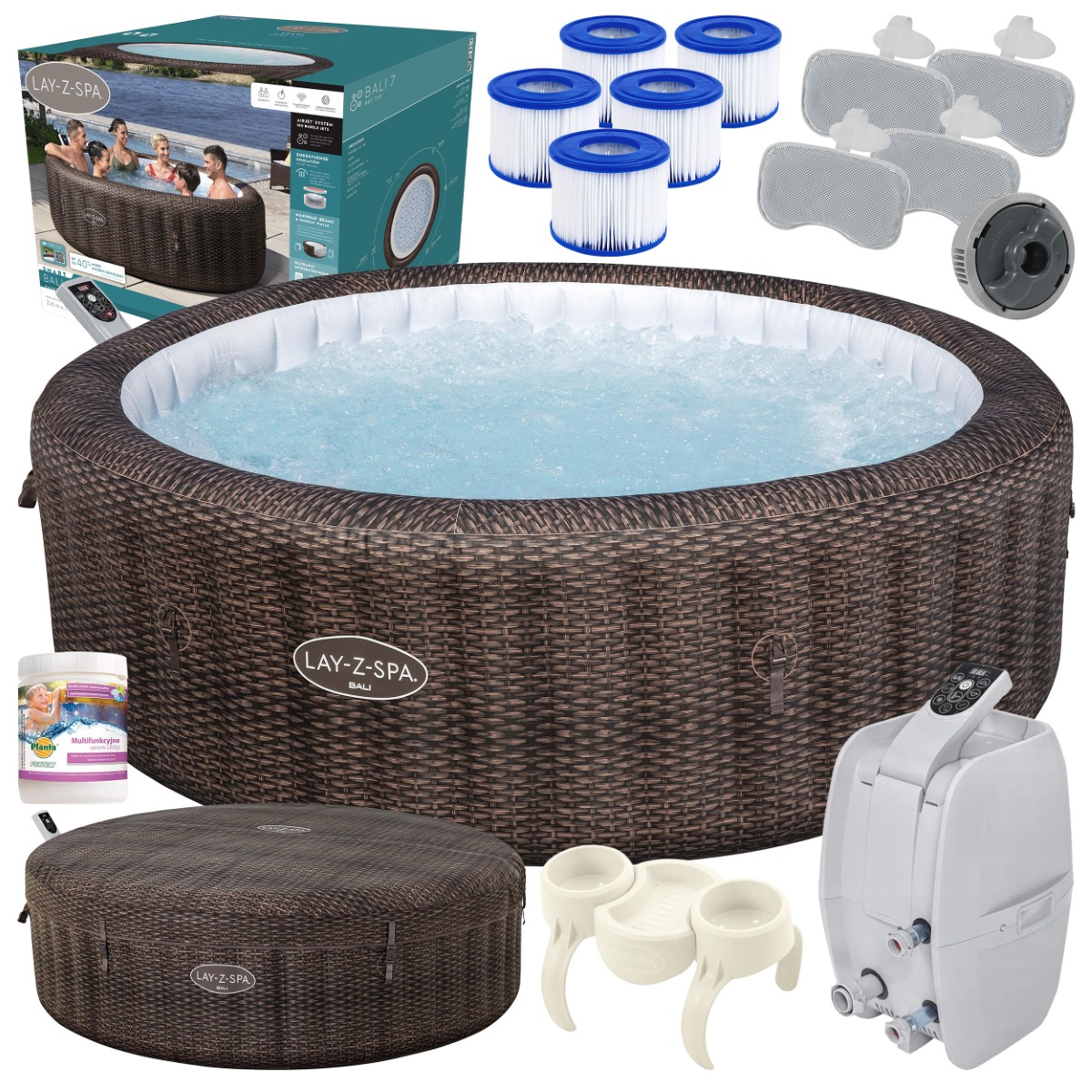 Jacuzzi o wzorze wikliny wraz z akcesoriami: filtrami, zagłówkami, dozownikiem ChemConnect, uchwytem na napoje, pompą, pokrywą oraz opakowaniem.